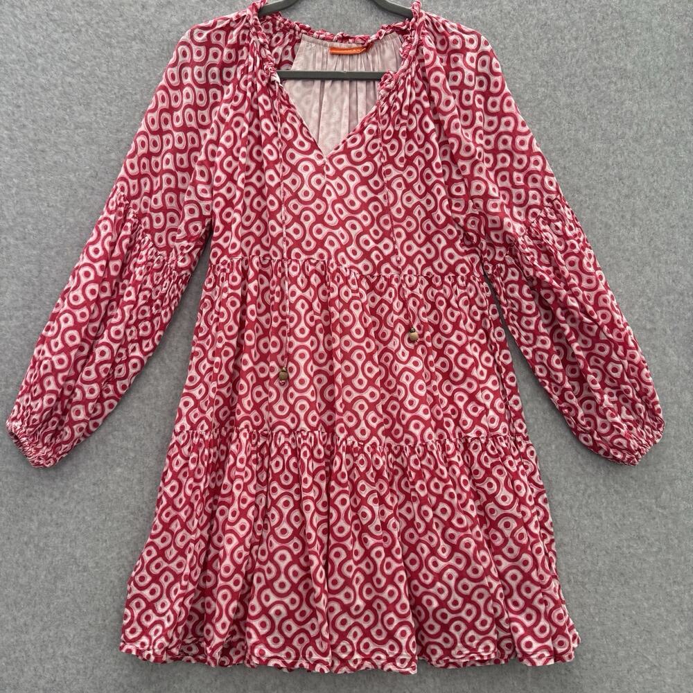 Oliphant Balloon Sleeve Tiered Mini Dress Sz S Pink Red Geometric Print Boho